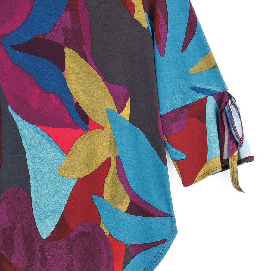Tie Cuff Curved Hem Tunic - Petal Burst