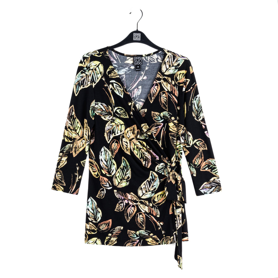Surplice Faux Wrap Side Tie Tunic Leaf Colorburst Final Sale
