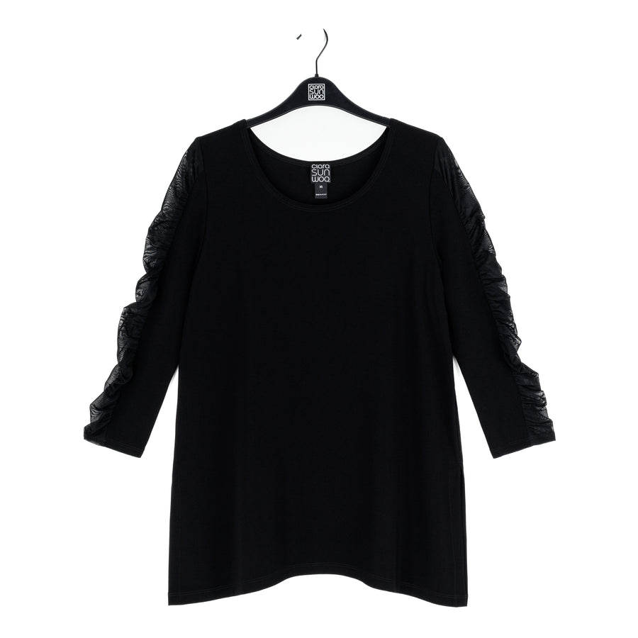 Mesh Sleeve Side Vent Tunic - Black