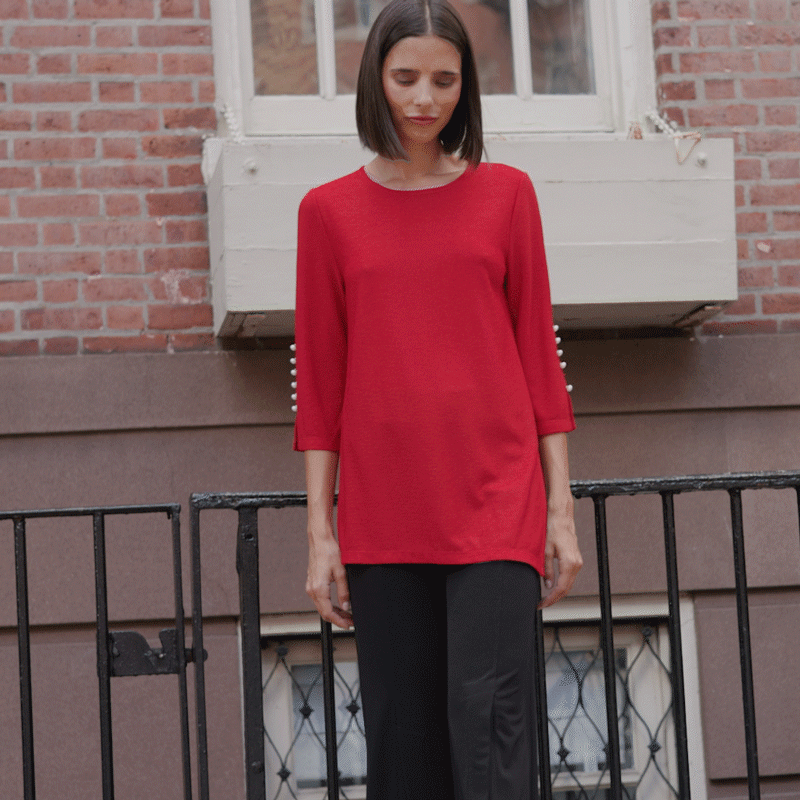 Glimmer Speck - Pearl Cuff Asymmetrical Reverse Hi-Low Tunic - Red - Final Sale!