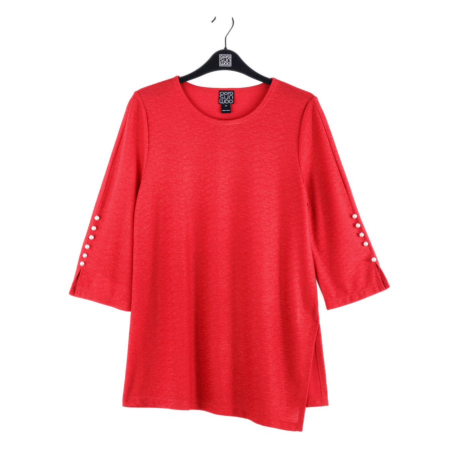 Glimmer Speck - Pearl Cuff Asymmetrical Reverse Hi-Low Tunic - Red - Final Sale!