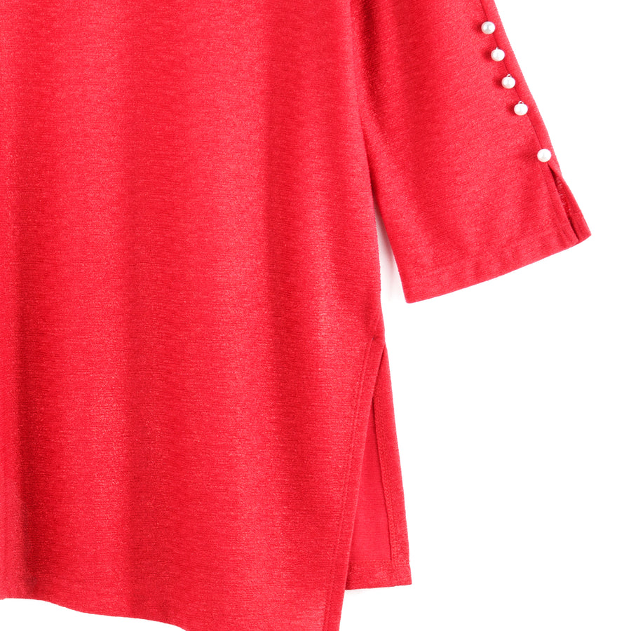 Glimmer Speck - Pearl Cuff Asymmetrical Reverse Hi-Low Tunic - Red - Final Sale!