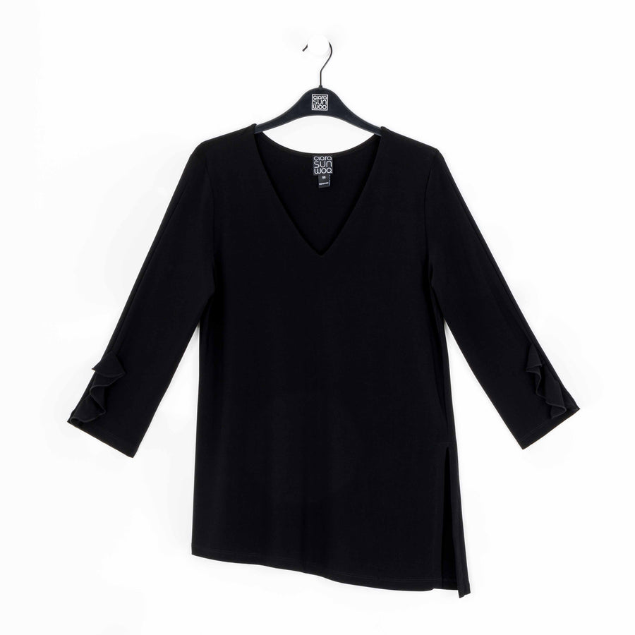 Flutter Cuff Side Vent Tunic - Black - Final Sale!