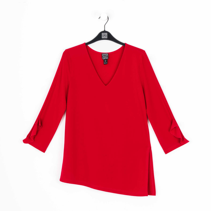 Flutter Cuff Side Vent Tunic - Red