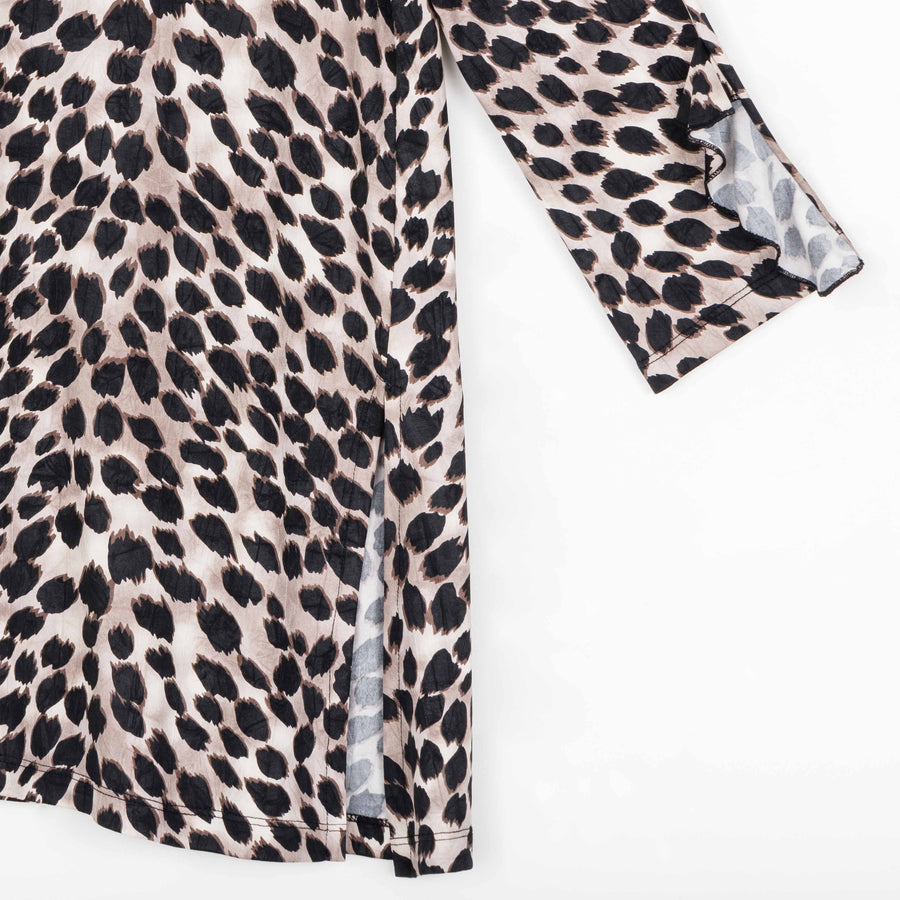 Crushed Silk Knit - Flutter Cuff Side Vent Tunic - Cheetah Spot
