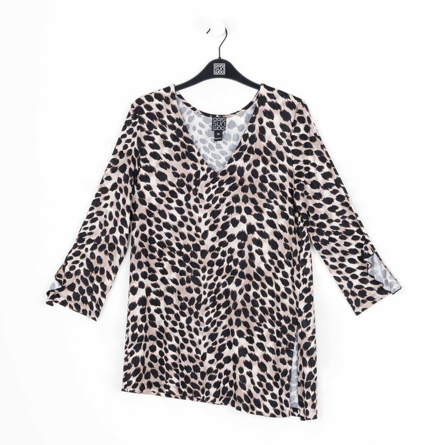 Crushed Silk Knit - Flutter Cuff Side Vent Tunic - Cheetah Spot