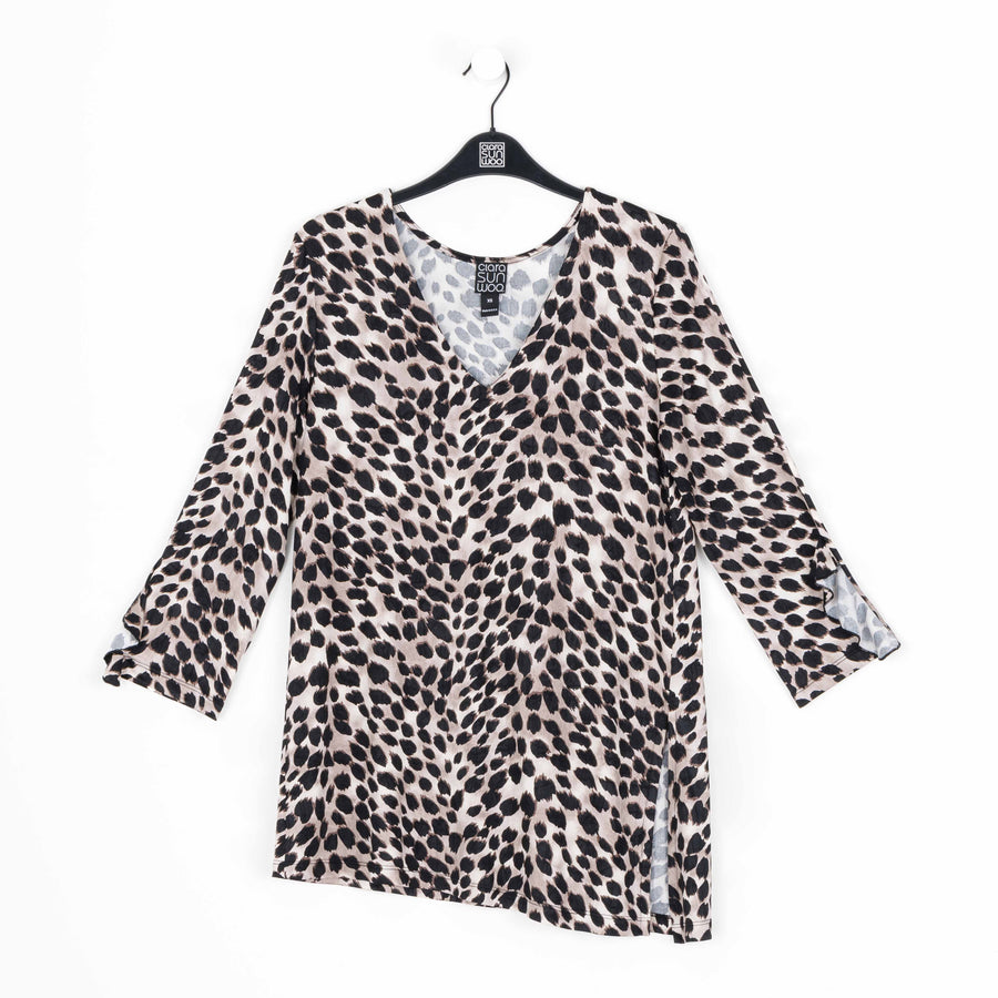 Crushed Silk Knit - Flutter Cuff Side Vent Tunic - Cheetah Spot - Limited Size XS