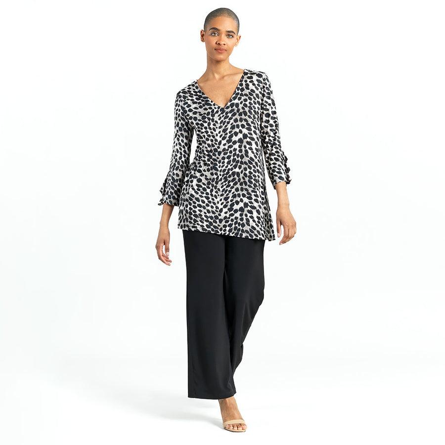 Crushed Silk Knit - Flutter Cuff Side Vent Tunic - Cheetah Spot