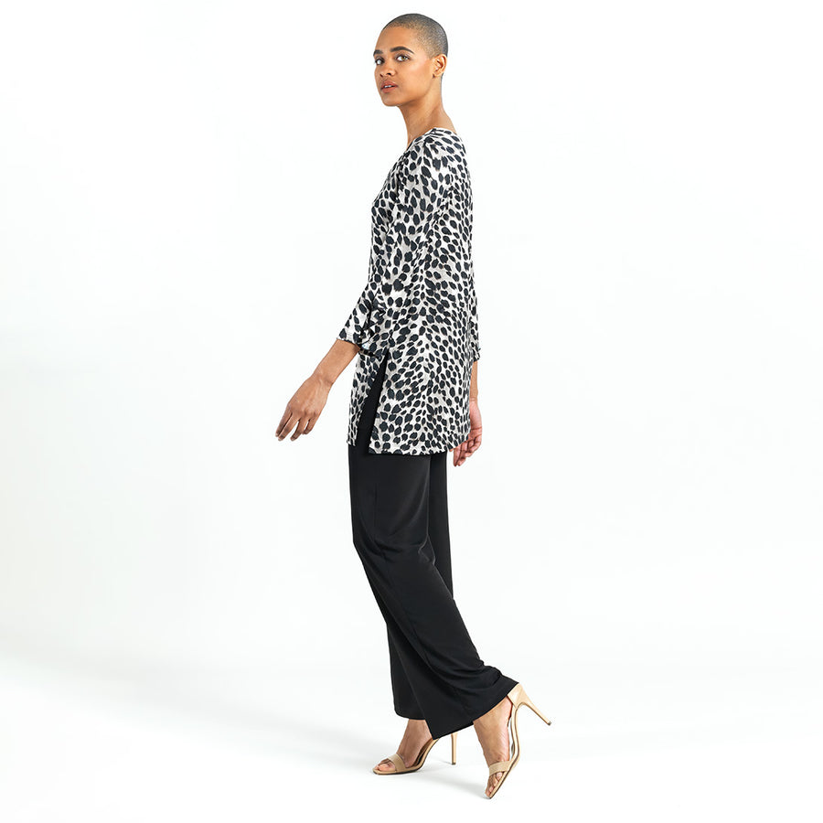 Crushed Silk Knit - Flutter Cuff Side Vent Tunic - Cheetah Spot