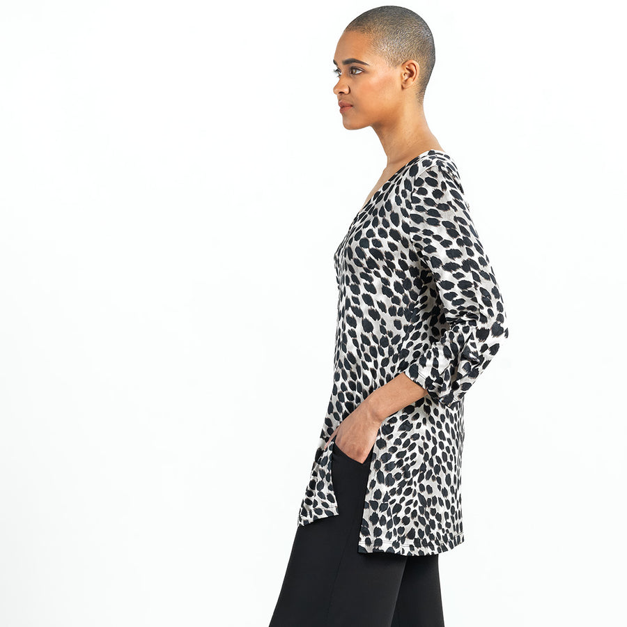Crushed Silk Knit - Flutter Cuff Side Vent Tunic - Cheetah Spot