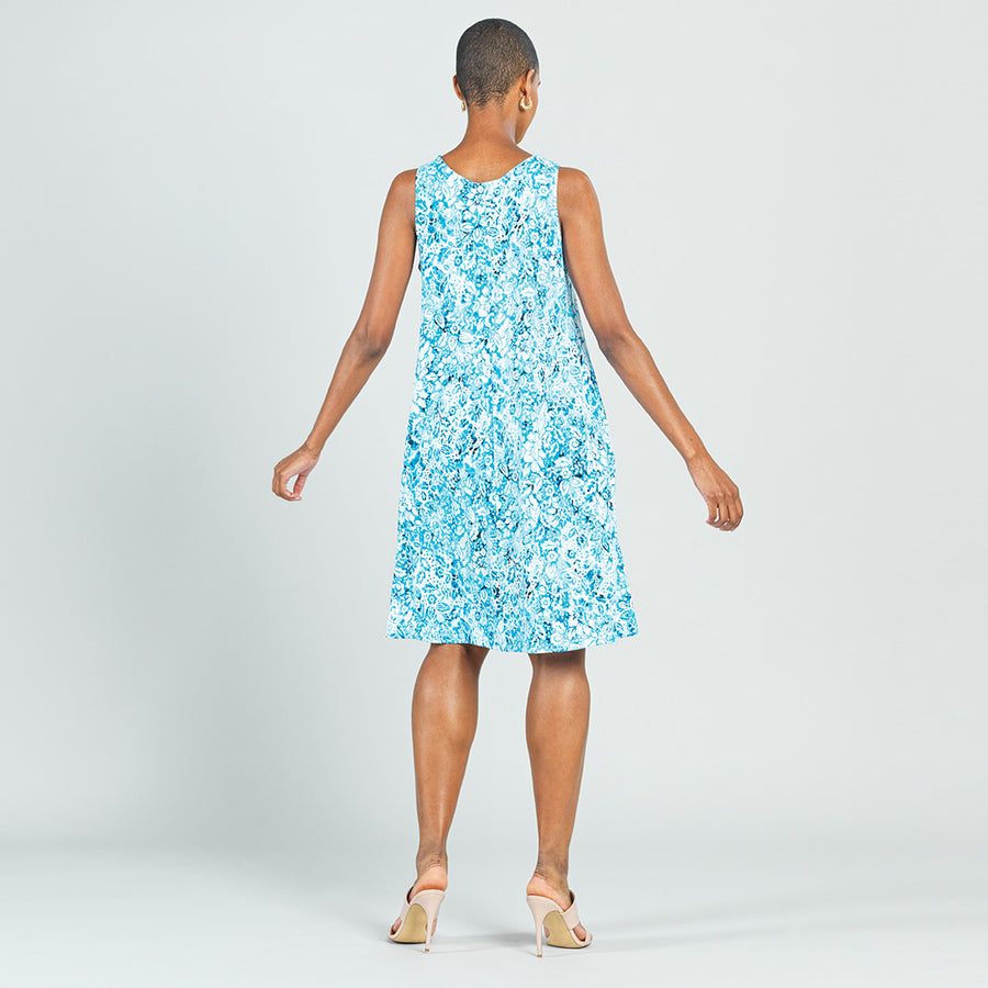 Textured Jewel Neck Swing Dress - Floral Rain-Turquoise