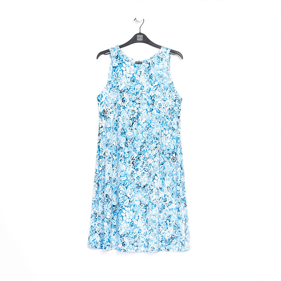 Textured Jewel Neck Swing Dress - Floral Rain-Turquoise