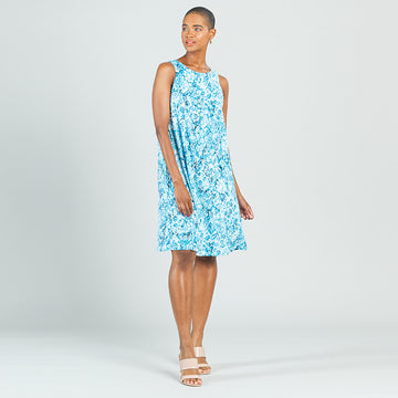 Textured Jewel Neck Swing Dress - Floral Rain-Turquoise