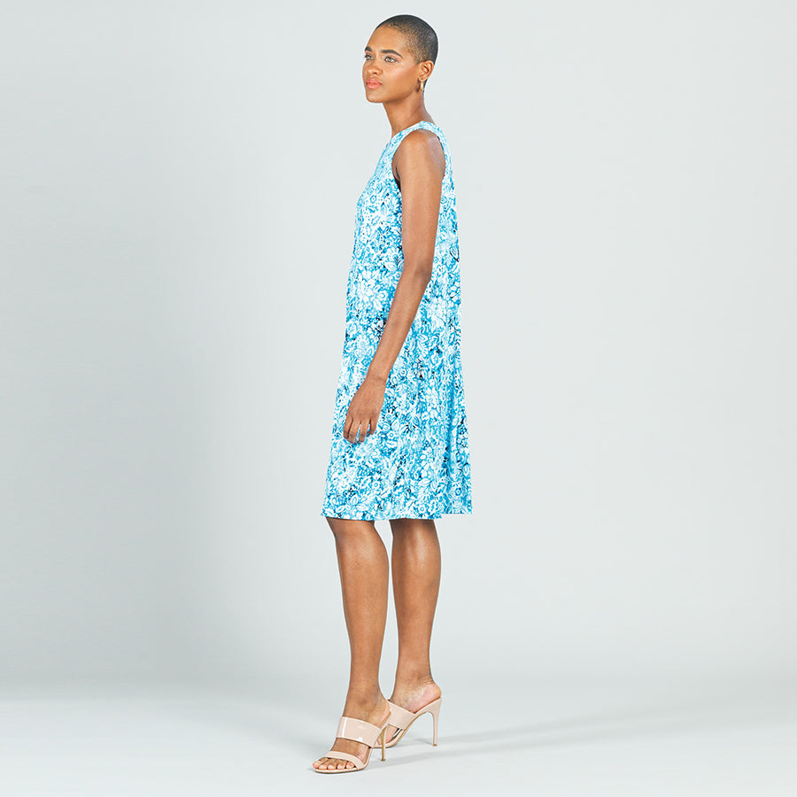 Textured Jewel Neck Swing Dress - Floral Rain-Turquoise