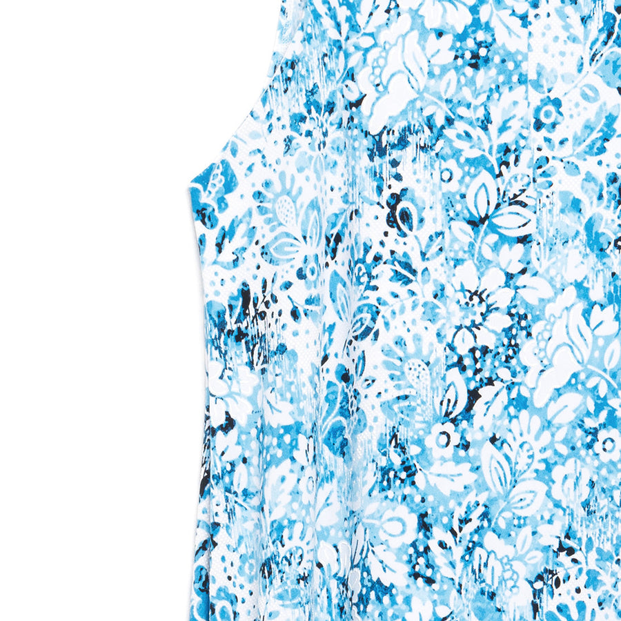 Textured Jewel Neck Swing Dress - Floral Rain-Turquoise