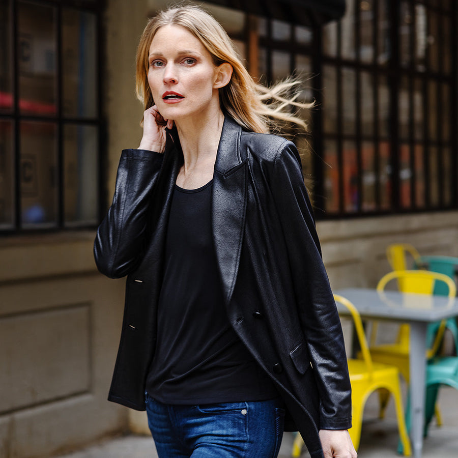 Black leather double breasted blazer deals