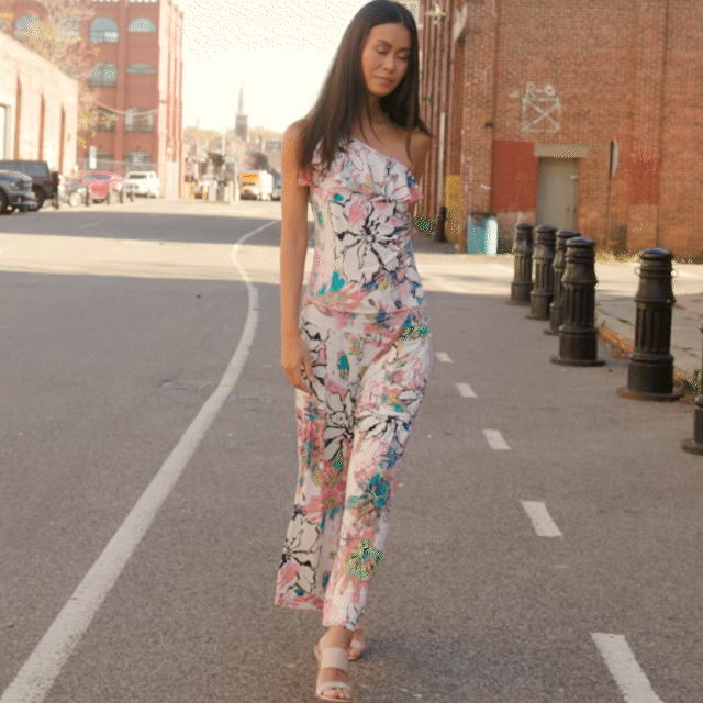 Butter Knit - Ribbon One Shoulder Ruffle Neckline Top - Water Floral