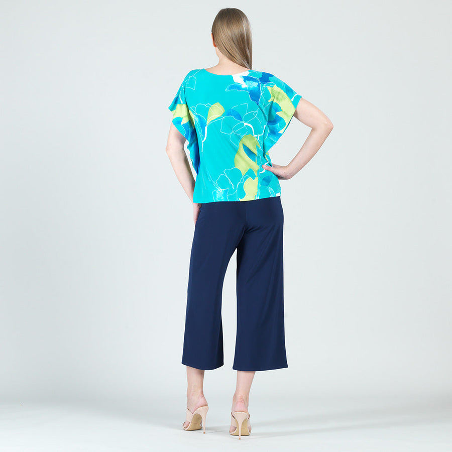 Floral Sketch Caftan Flutter Sleeve Top - Turquoise/Lemon - Final Sale!