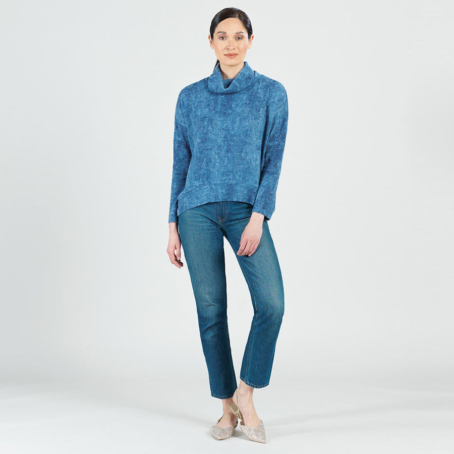 Cozy Texture - Cowl Turtleneck Sweater Top - Denim Print - Final Sale!