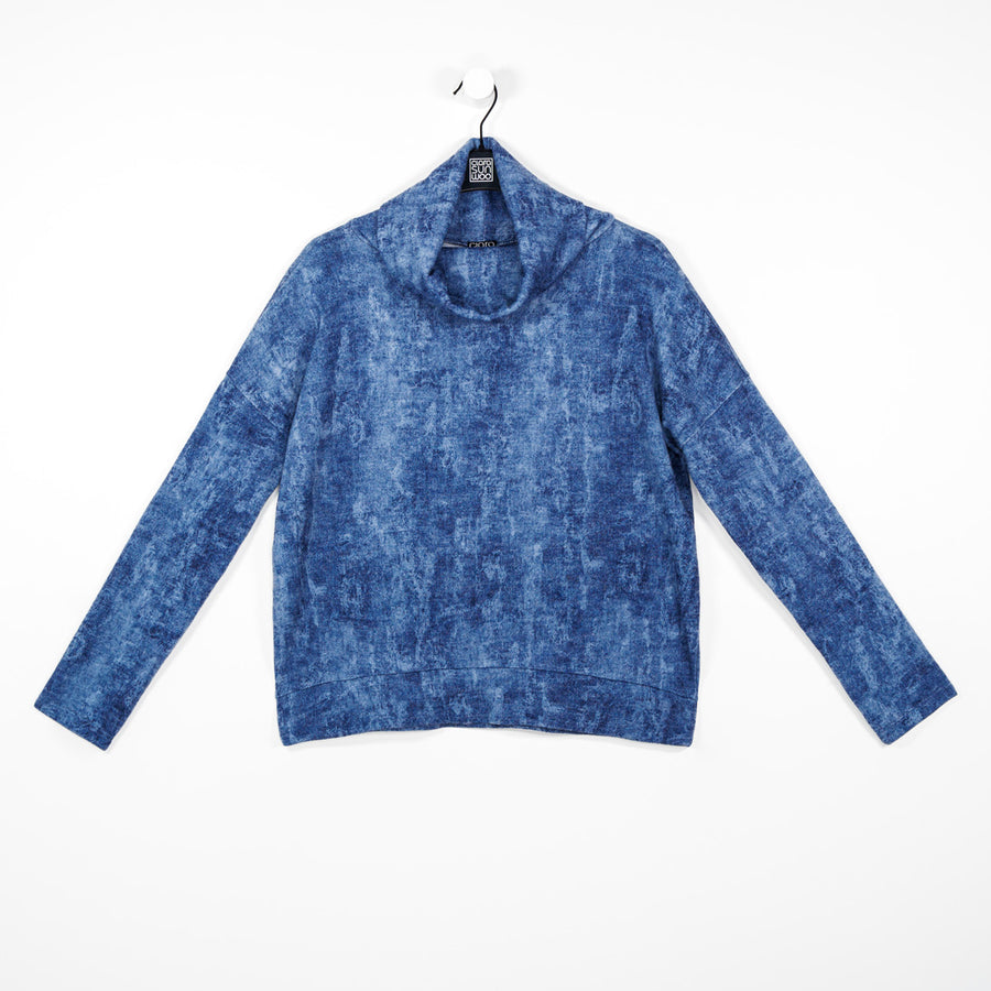 Cozy Texture - Cowl Turtleneck Sweater Top - Denim Print - Final Sale!