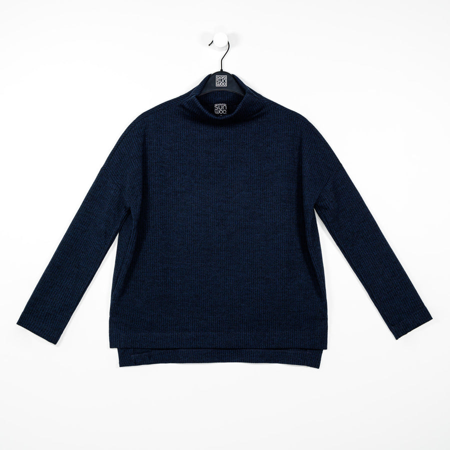 Waffle Knit - Funnel Neck Sweater Top - Navy