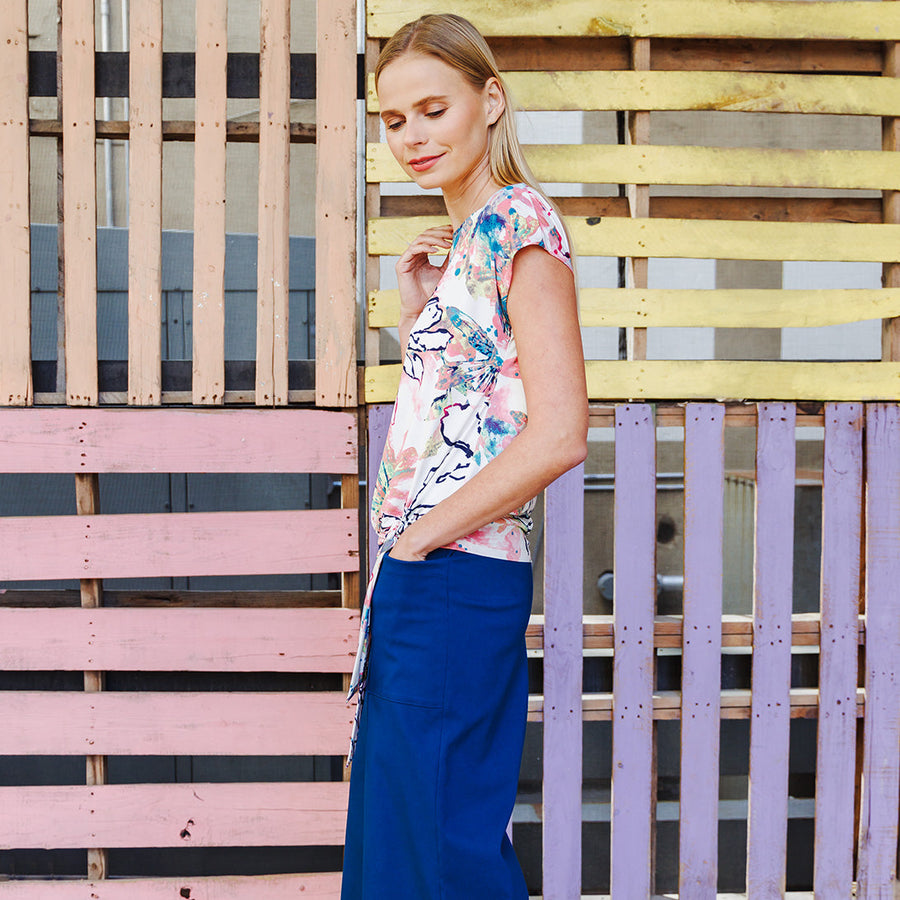 Butter Knit - Cap Sleeve Tie Hem Top - Water Floral - Final Sale!