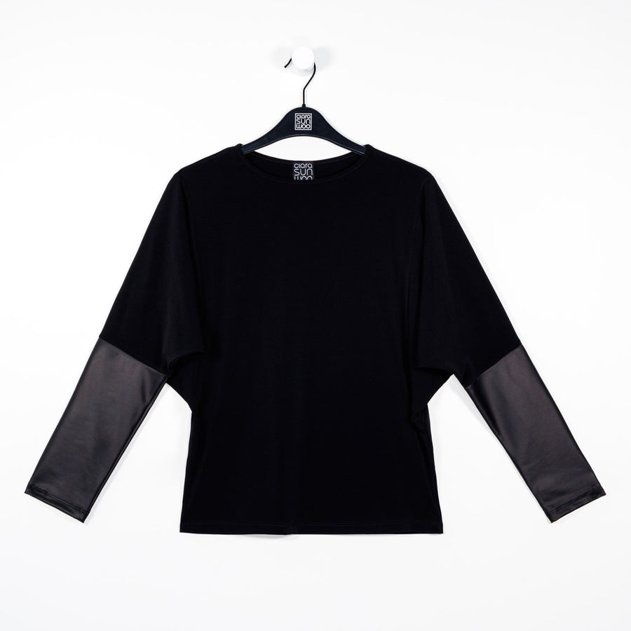 Dolman Sleeve Liquid Leather Cuff Top - Black