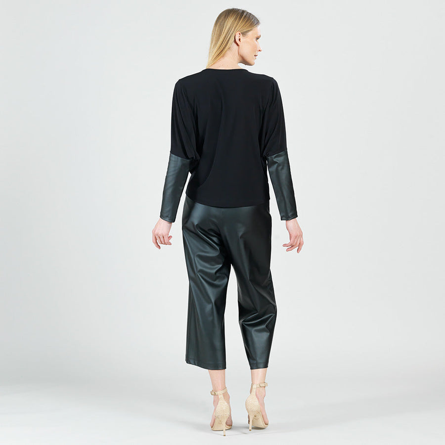 Dolman Sleeve Liquid Leather Cuff Top - Black