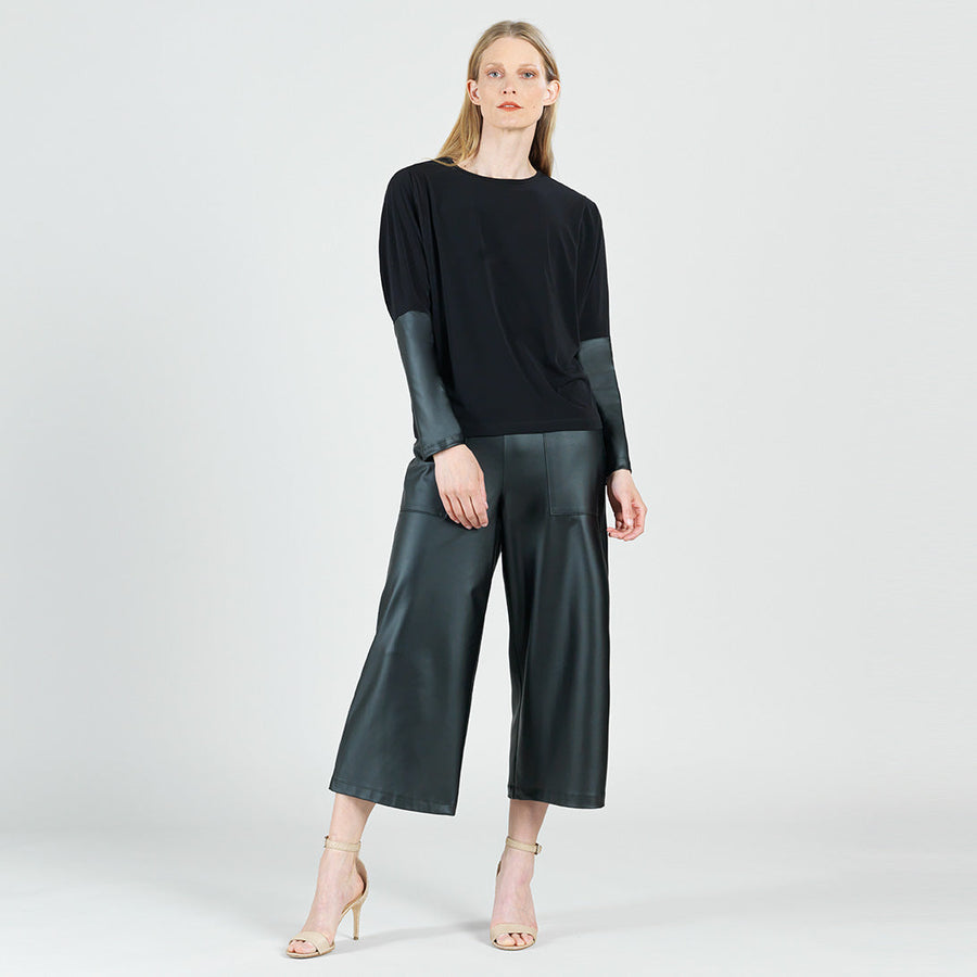 Dolman Sleeve Liquid Leather Cuff Top - Black