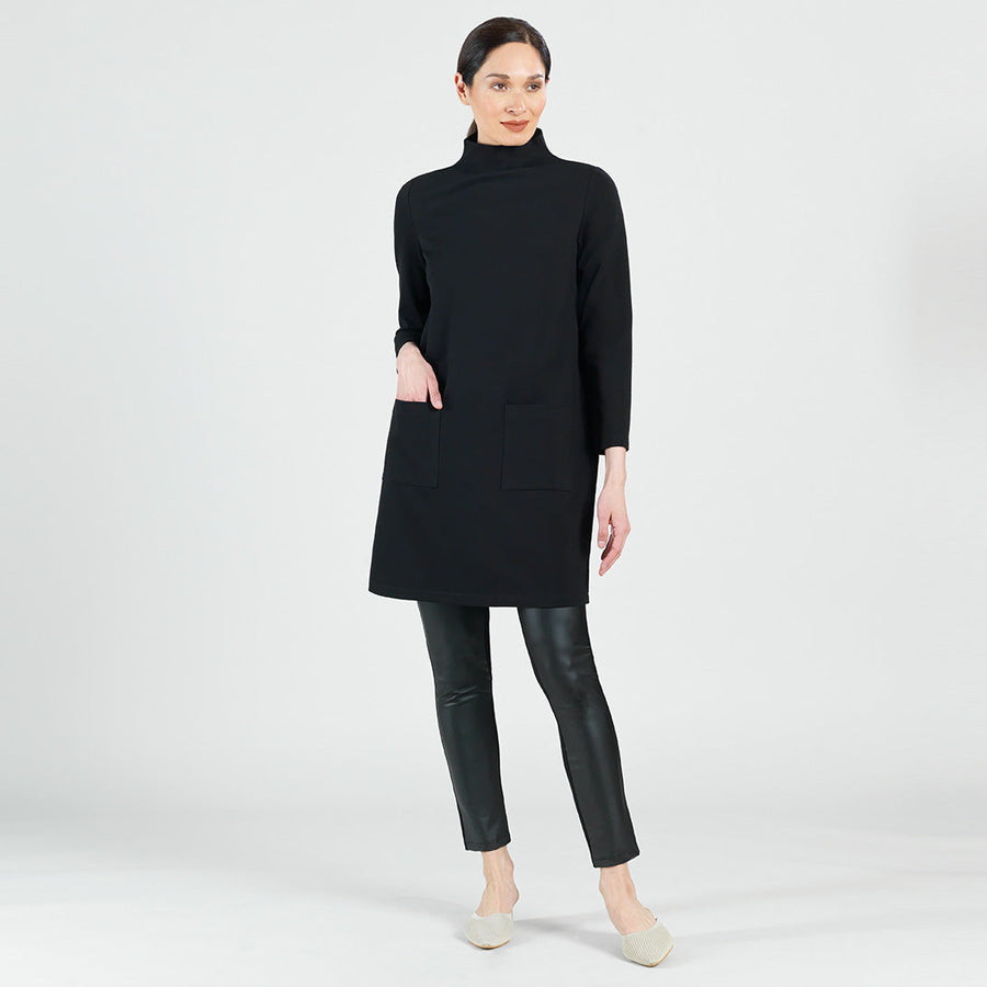 Ponte Knit - Funnel Neck Tunic Sweater Dress - Black