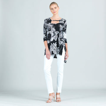 Light Knit - Front Cut Out Envelope Hem Tunic - Floral Grid Print - Final Sale!