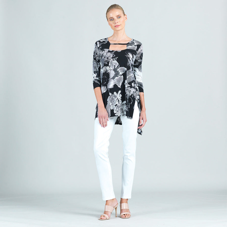 Light Knit - Front Cut Out Envelope Hem Tunic - Floral Grid Print - Final Sale!