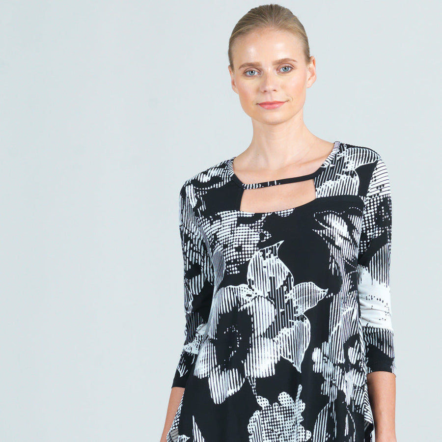 Light Knit - Front Cut Out Envelope Hem Tunic - Floral Grid Print - Final Sale!