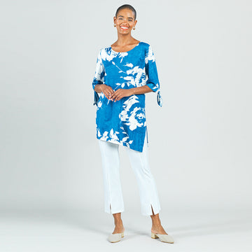 Crushed Silk Knit - Tie Cuff Asymmetrical Vent Tunic - Dreamy Floral-Blue - Final Sale!