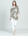 Crushed Silk Knit - Tie Cuff Asymmetrical Vent Tunic - Dreamy Floral-Taupe - Final Sale!